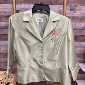 Studio I Green Embroidered Floral Silk Blazer 12